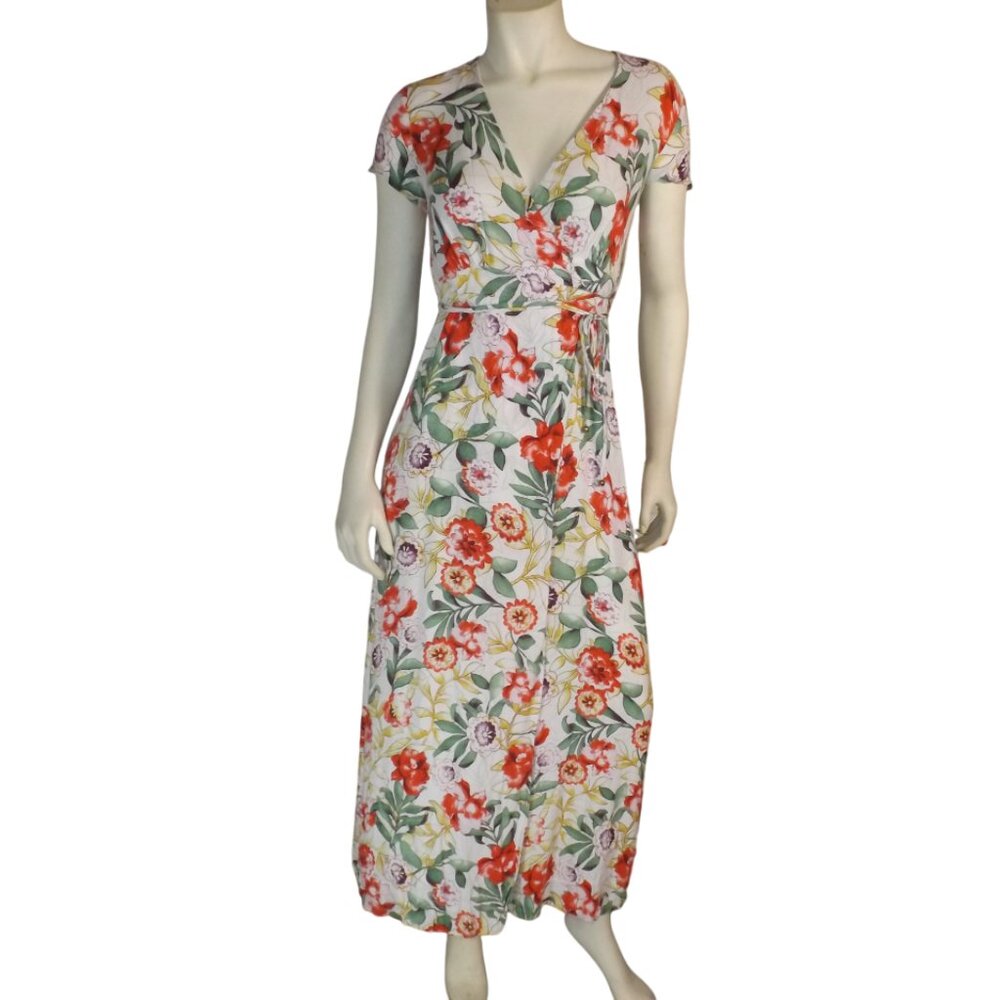 LULUS Wrap Dress, S, White/Multicolor Floral, Cap sleeve, Rayon/Lightweight